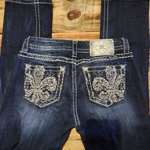 Miss Me Dark Blue Straight Leg Jeans with Silver Embroidery